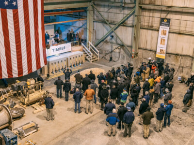 Crowd of investors and special guests gather in Madison Mill for the TimberHP Groundbreaking celebration