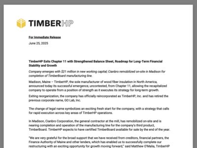Press Release: TimberHP Exits Chapter 11 with Strengthened Balance Sheet, Roadmap for Long-Term Financial Stability and Growth