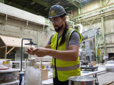 UMaine engineering student working with TimberHP at the Madison, Maine wood fiber insulation manufacturing facility
